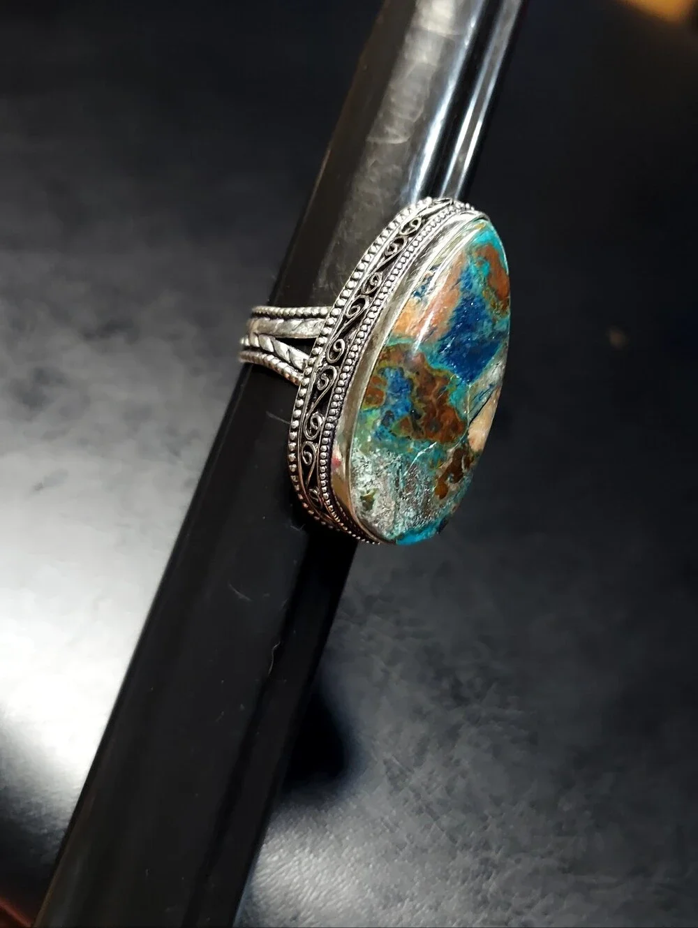 Handcrafted High-Profile Azurite Oversized Teardrop Ring (9.5)